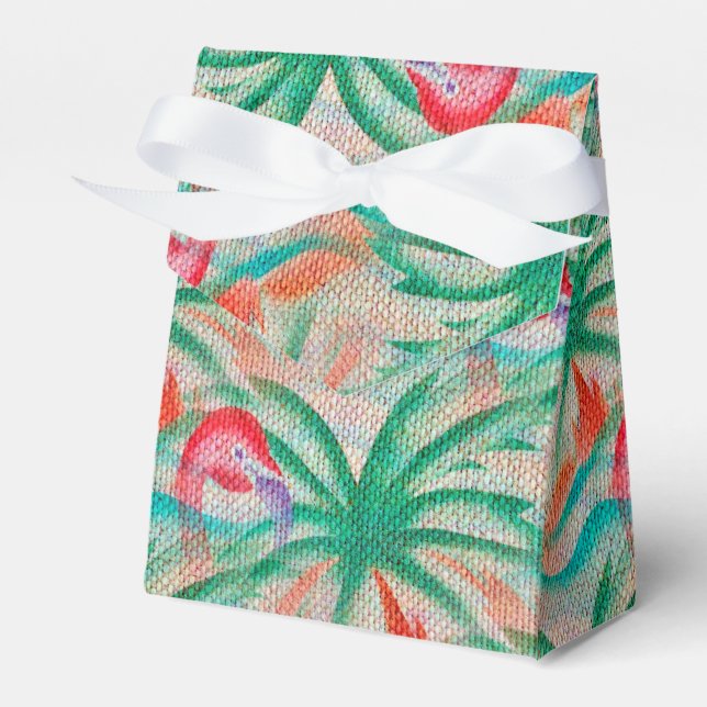Flamingo Palm Tree Burlap Look Favor Boxes (Front Side)
