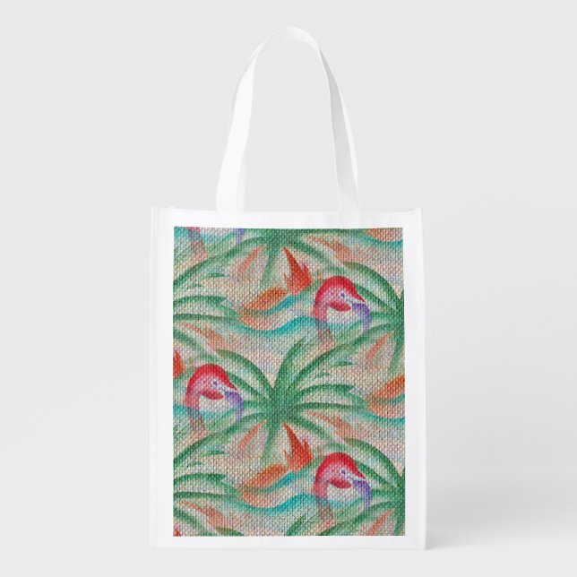 Flamingo Palm Tree Burlap Look Grocery Bag (Front)