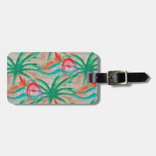Flamingo Palm Tree Burlap Look Luggage Tag