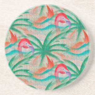 Flamingo Palm Tree Burlap Look Sandstone Coaster