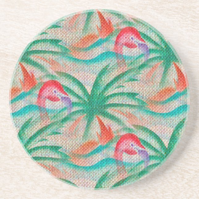 Flamingo Palm Tree Burlap Look Sandstone Coaster (Front)