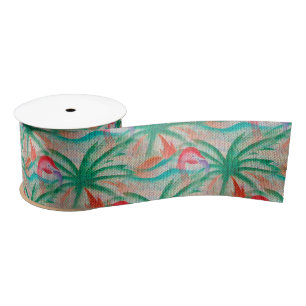 Flamingo Palm Tree Burlap Look Satin Ribbon