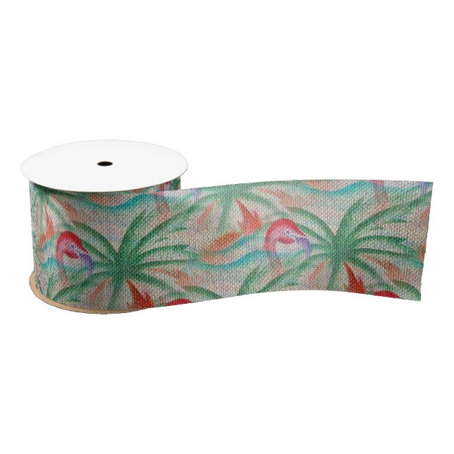 Flamingo Palm Tree Burlap Look Satin Ribbon (Spool)