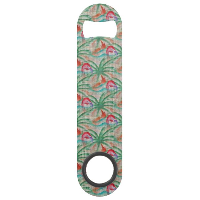Flamingo Palm Tree Burlap Look Speed Bottle Opener (Front)