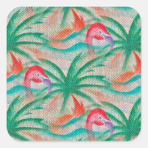 Flamingo Palm Tree Burlap Look Square Sticker