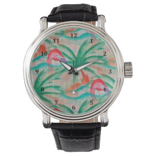 Flamingo Palm Tree Burlap Look Watch