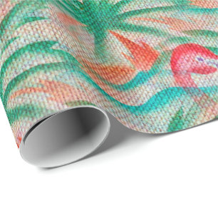 Flamingo Palm Tree Burlap Look Wrapping Paper