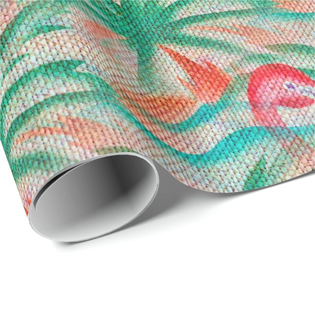 Flamingo Palm Tree Burlap Look Wrapping Paper (Roll Corner)