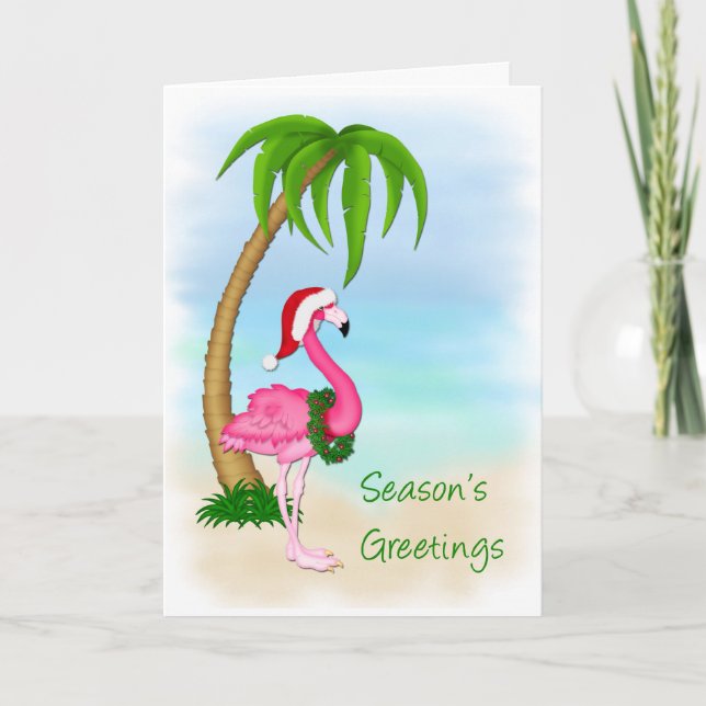 Flamingo Palm Tree Christmas Greeting Card (Front)