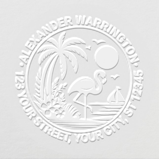 Flamingo Palm Tree Sailboat Name Return Address Embosser (Design)