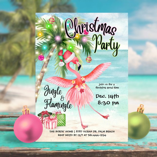 Flamingo Palm Tree Tropical Beach Christmas Party Invitation (Creator Uploaded)