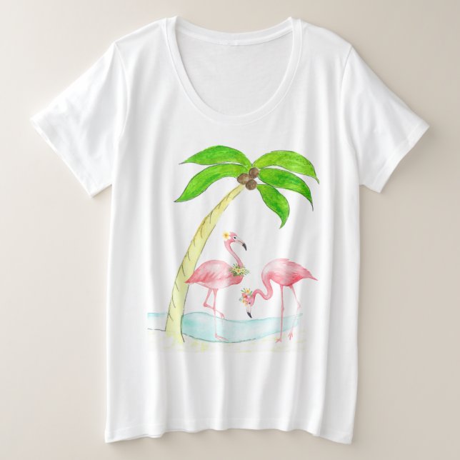 Flamingo Palm Tree Womens Plus Size Summer t-shirt (Design Front)