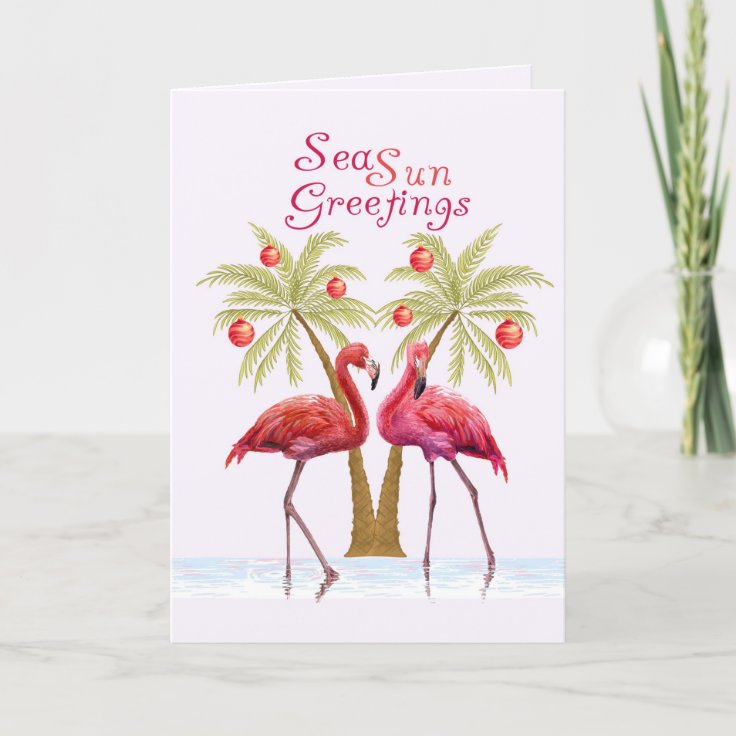 Flamingo Palm Trees Watercolor Christmas Holiday Card | Zazzle