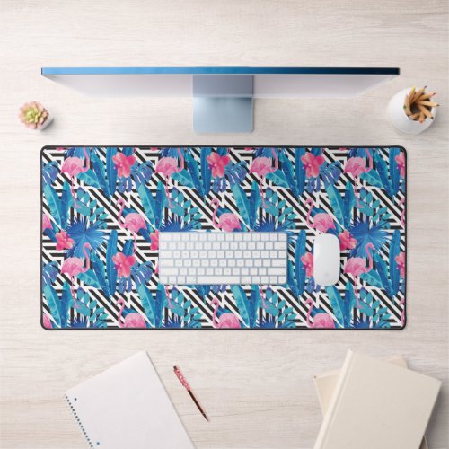 Flamingo  Palms on Geometric Pattern 2 Desk Mat