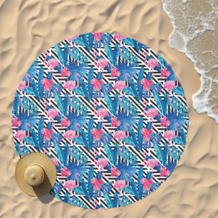 Flamingo & Palms on Geometric Pattern Beach Towel