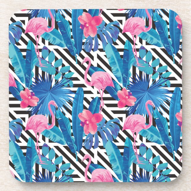 Flamingo & Palms on Geometric Pattern Beverage Coaster (Front)