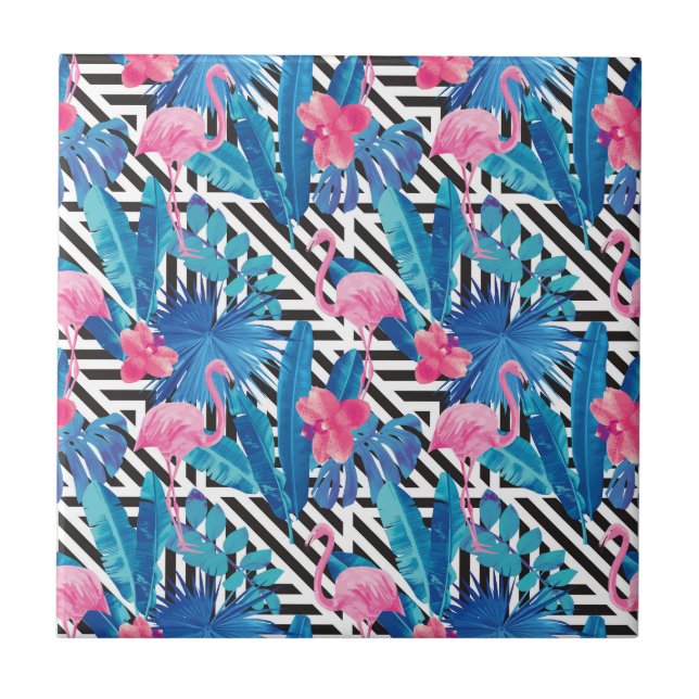 Flamingo & Palms on Geometric Pattern Ceramic Tile (Front)