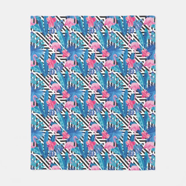 Flamingo & Palms on Geometric Pattern Fleece Blanket (Front)