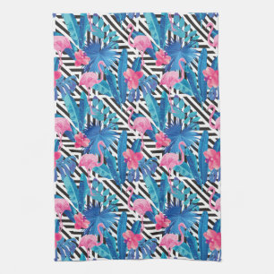 Flamingo & Palms on Geometric Pattern Kitchen Towel
