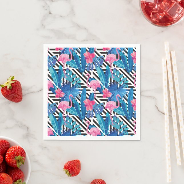 Flamingo & Palms on Geometric Pattern Napkins (Insitu)