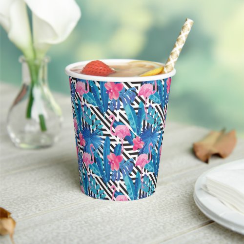 Flamingo  Palms on Geometric Pattern Paper Cups