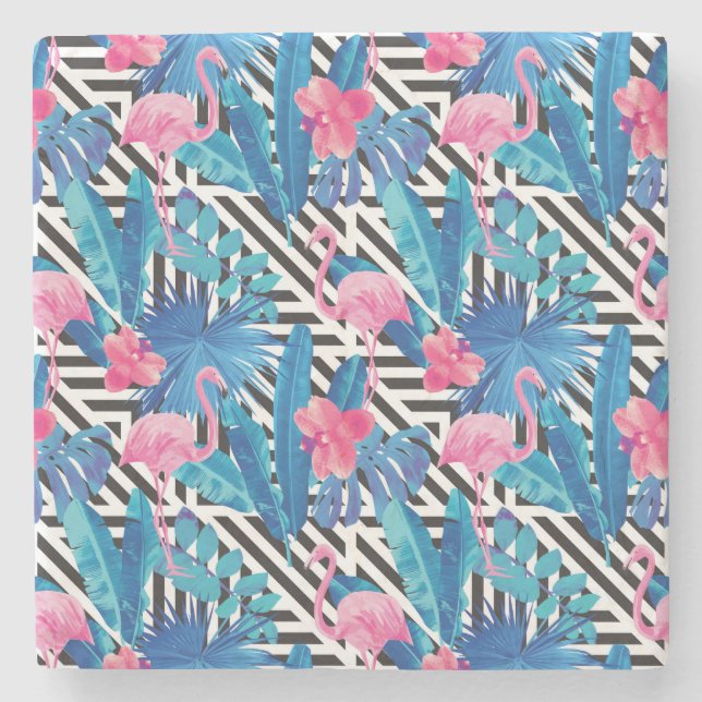 Flamingo & Palms on Geometric Pattern Stone Coaster (Front)