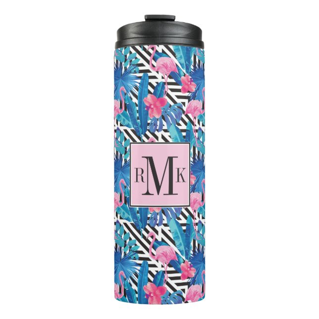 Flamingo & Palms on Geometric Pattern Thermal Tumbler (Front)