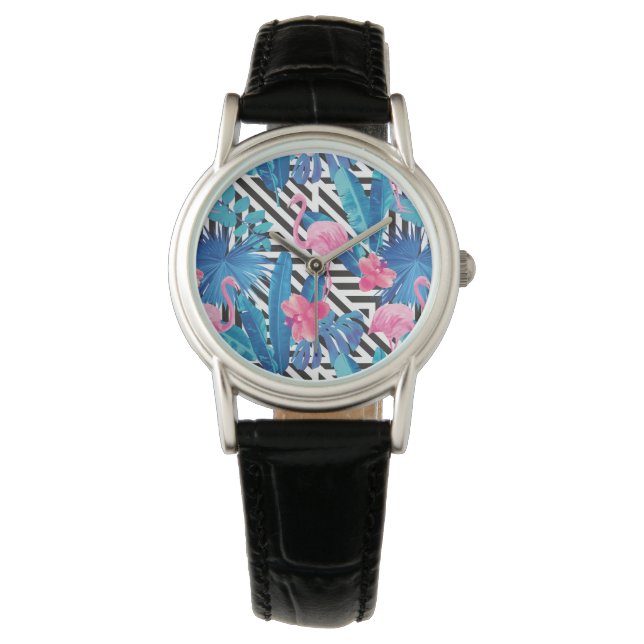 Flamingo & Palms on Geometric Pattern Watch (Front)