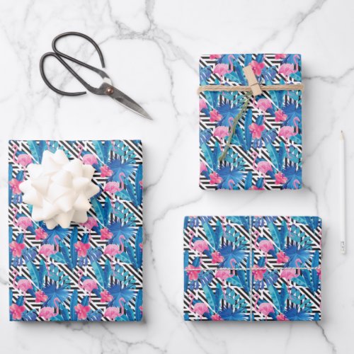 Flamingo  Palms on Geometric Pattern Wrapping Paper Sheets