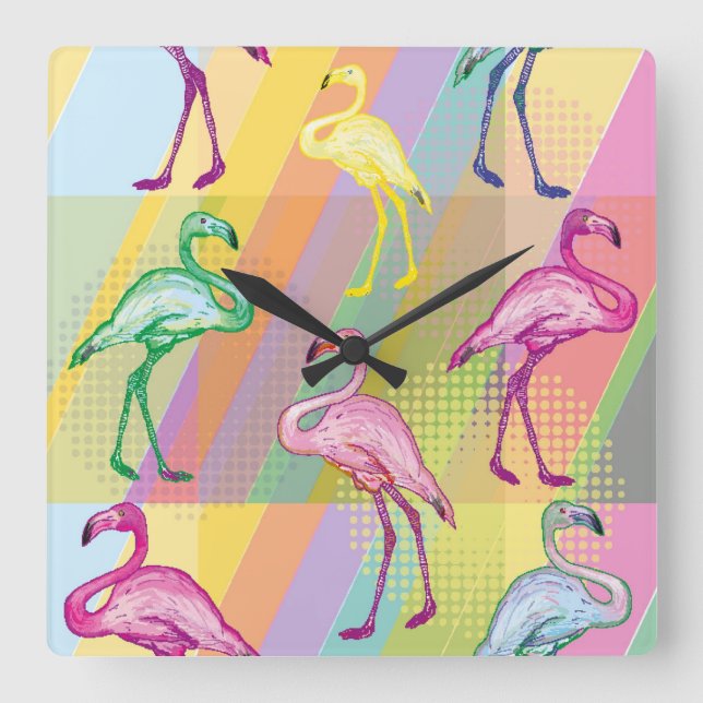 Flamingo Parade Square Wall Clock (Front)