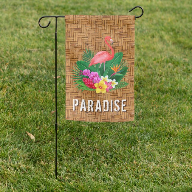 Flamingo Paradise Wicker Print Garden Flag (In SItu)