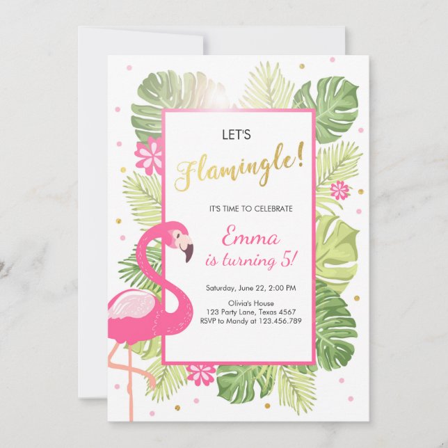Flamingo party invitation Tropical Birthday luau (Front)