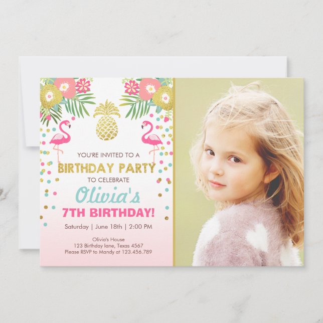 Flamingo party invitation Tropical Birthday luau (Front)
