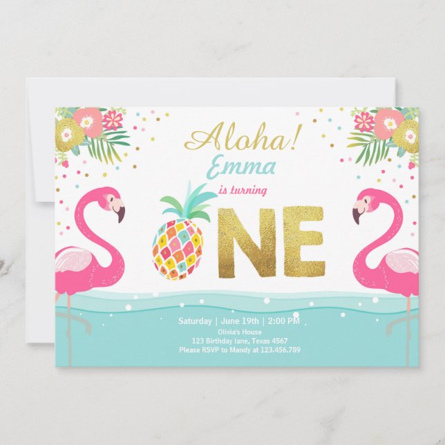 Flamingo party invitation Tropical Pineappel Luau (Front)