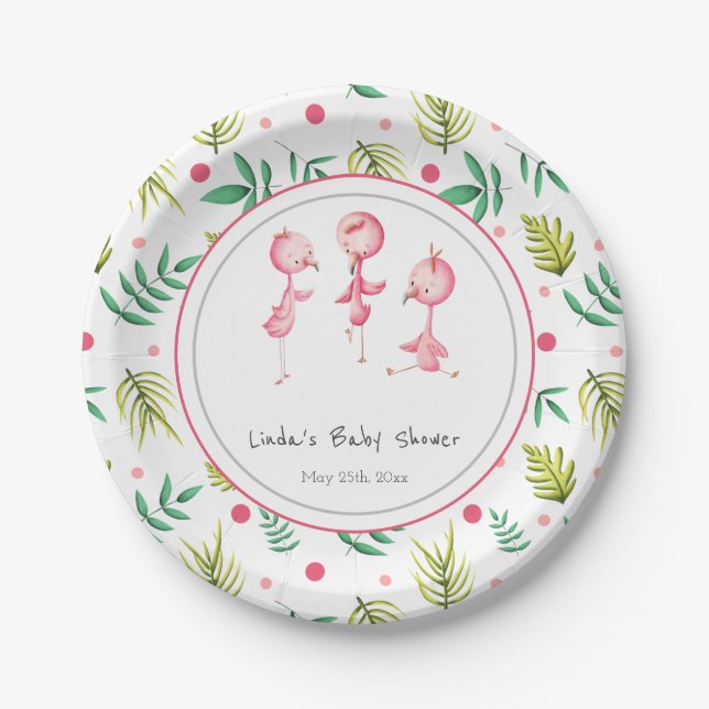 Flamingo Party Personalized Baby Shower Paper Plates (Front)