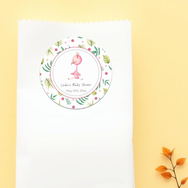 Flamingo Party Personalized Cute Baby Shower Classic Round Sticker (Creator Uploaded)