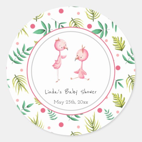 Flamingo Party Personalized Twins Baby Shower Classic Round Sticker