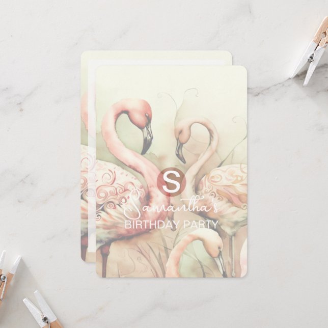 Flamingo Party Theme, Custom Invitation (Front/Back In Situ)