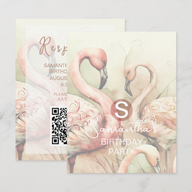 Flamingo Party Theme, QR Code RSVP Card (Front/Back)
