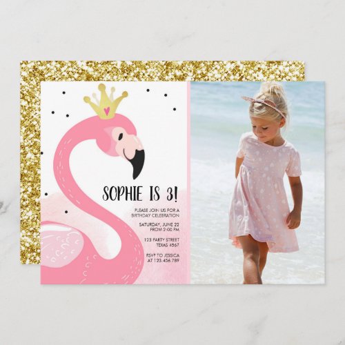 Flamingo party Tropical Pink Gold Girl Birthday Invitation