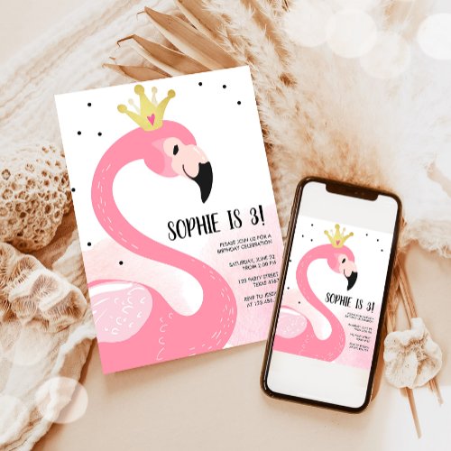 Flamingo party Tropical Pink Gold Girl Birthday Invitation