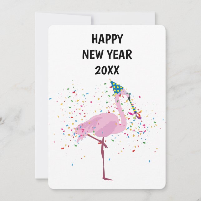 Flamingo Partying - Animals Holiday New Years Card (Front)