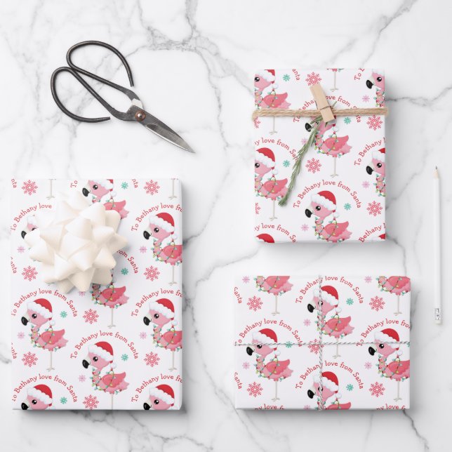 Flamingo Pattern Child Name Love Santa Christmas Wrapping Paper Sheets (Front)