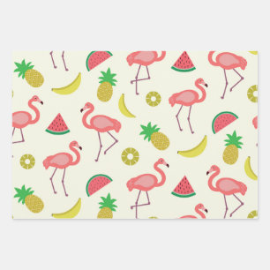 Flamingo Pattern with cute summer fruits Wrapping Paper Sheets