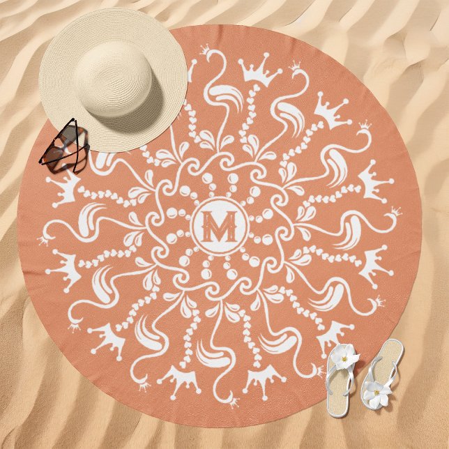 Flamingo Pearl Mandala Monogram Coral Beach Towel (Creator Uploaded)
