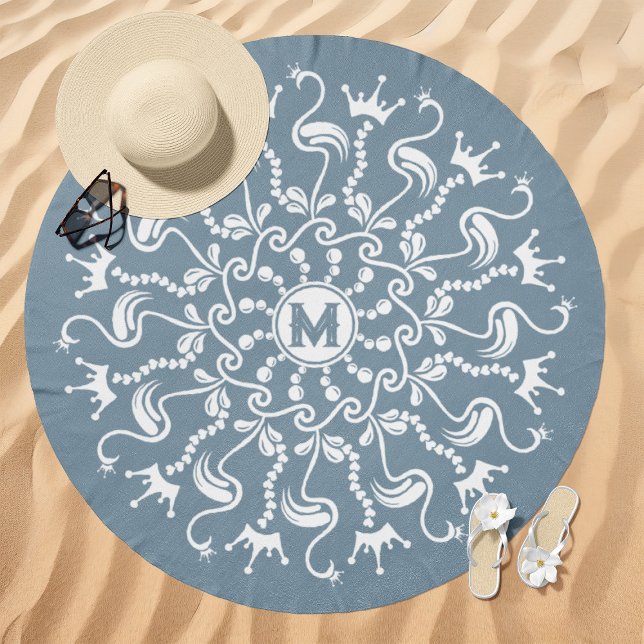 Flamingo Pearl Mandala Monogram Dusty Blue Beach Towel (Creator Uploaded)