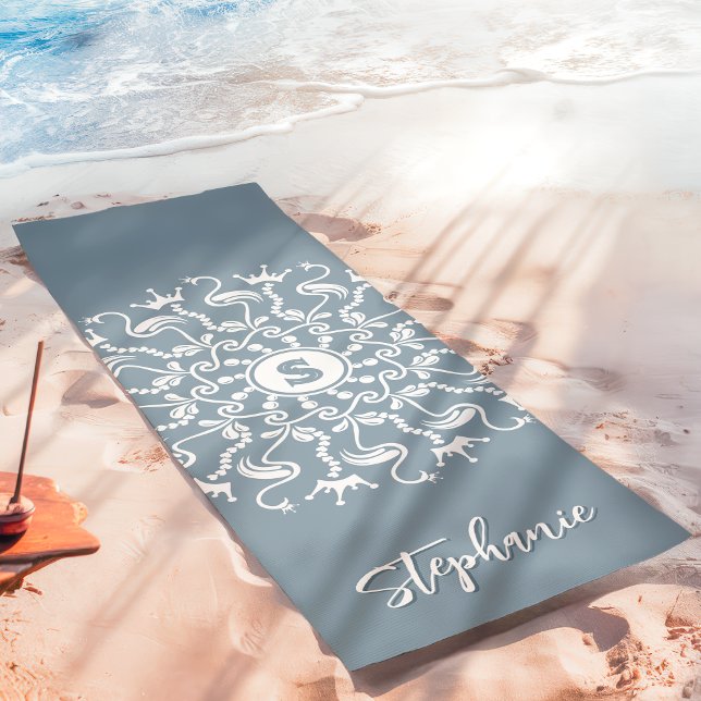 Flamingo Pearl Mandala Monogram Dusty Blue Beachy Yoga Mat (Creator Uploaded)