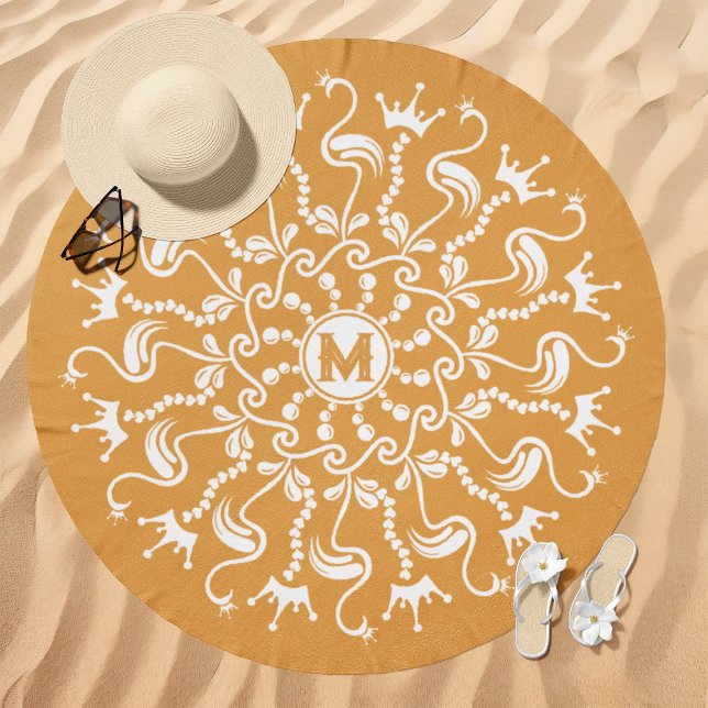 Flamingo Pearl Mandala Monogram Golden Peach Beach Towel (Creator Uploaded)
