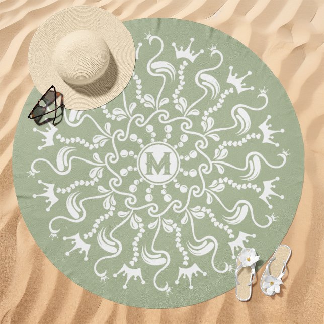 Flamingo Pearl Mandala Monogram Sage Green Beach Towel (Creator Uploaded)