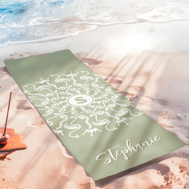 Flamingo Pearl Mandala Monogram Sage Green Beachy Yoga Mat (Creator Uploaded)